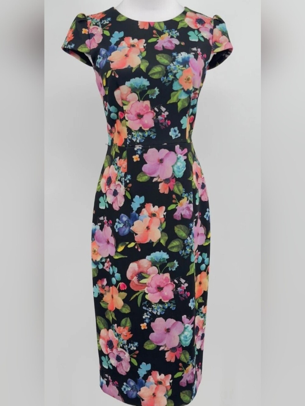 Betsey Johnson Black Floral Pencil-Bodycon/Stretch Midi Dress, Cap Sleeves, Sz:4